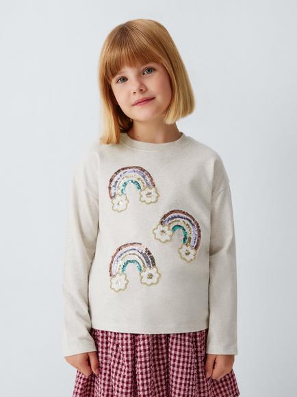 John Lewis Kids' Sequinned Rainbow Long Sleeve Top, Multi, Multi