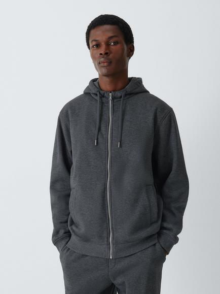 John Lewis Fleece Lounge Zip Hoodie Top, Grey Charcoal, Grey Charcoal