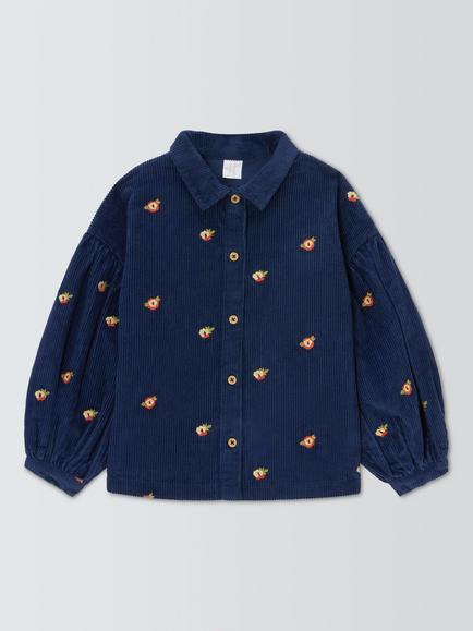 John Lewis Kids' Embroidered Flowers Corduroy Shirt, Navy, Navy