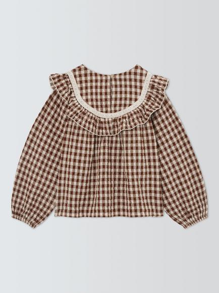 John Lewis Kids' Gingham Frill Top, Multi - view 2, Multi