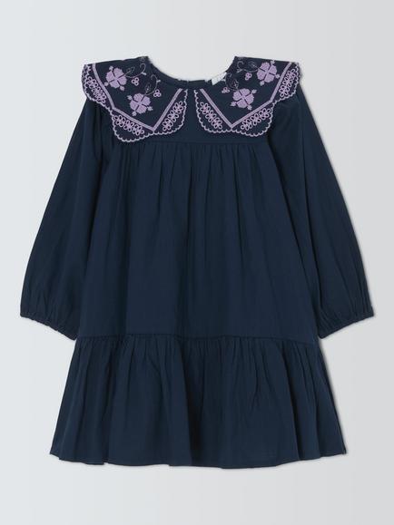 John Lewis Kids' Embroidered Collar Long Sleeve Dress, Blue, Blue