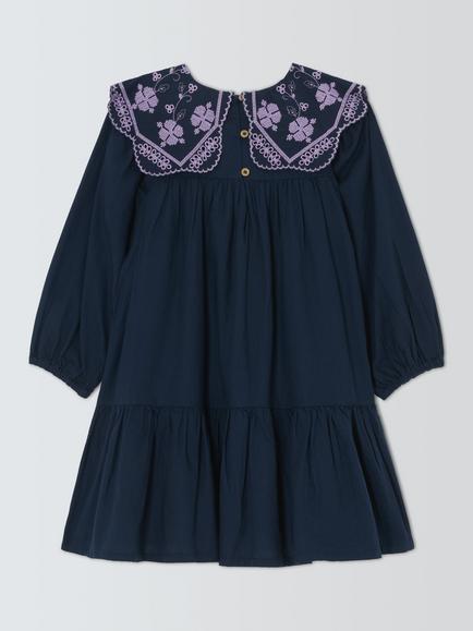 John Lewis Kids' Embroidered Collar Long Sleeve Dress, Blue - view 2, Blue