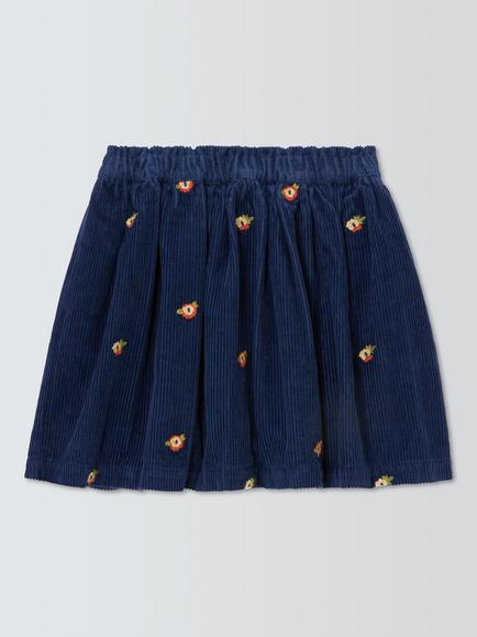 John Lewis Kids' Corduroy Embroidered Flowers Skirt, Navy, Navy