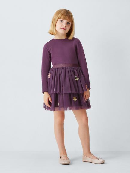 John Lewis Kids' Tulle Party Dress, Plum - view 2, Plum