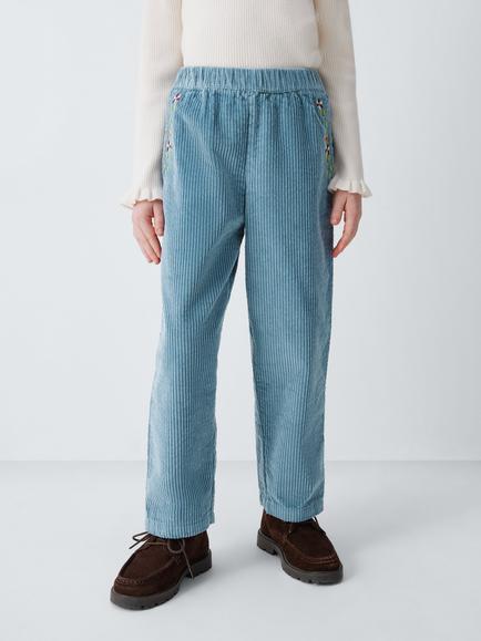 John Lewis Kids' Floral Embroidered Corduroy Trousers, Blue, Blue