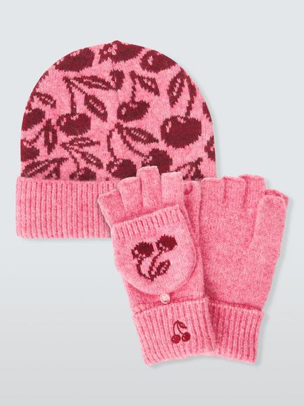 John Lewis Kids' Cherry Beanie Hat & Flip-Top Gloves Set, Pink, Pink
