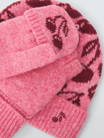 John Lewis Kids' Cherry Beanie Hat & Flip-Top Gloves Set, Pink - view 2, Pink