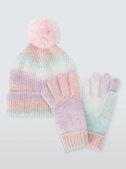John Lewis Kids' Ombre Bobble Hat & Gloves Set, Multi - view 2, Multi