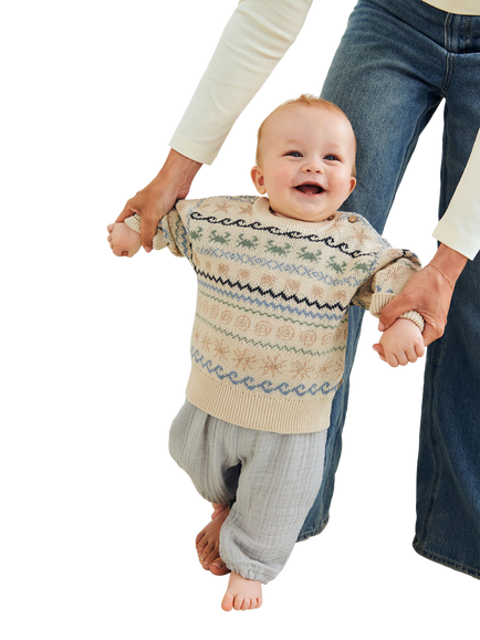 WHEAT Baby Jacquard Knitted Jumper, Sandshell - view 2, Sandshell