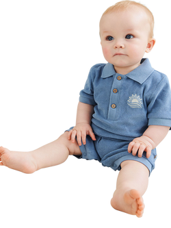 WHEAT Baby Sully Short Sleeve Polo Playsuit, Faded Denim, Faded Denim