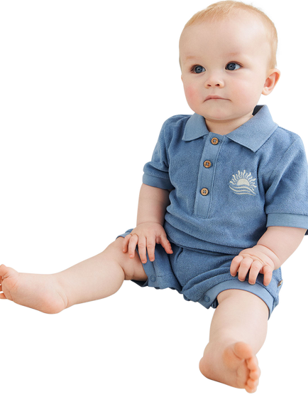 WHEAT Baby Sully Short Sleeve Polo Playsuit, Faded Denim, Faded Denim