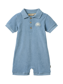 WHEAT Baby Sully Short Sleeve Polo Playsuit, Faded Denim - view 2, Faded Denim