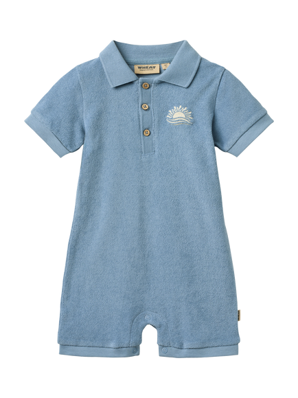 WHEAT Baby Sully Short Sleeve Polo Playsuit, Faded Denim - view 2, Faded Denim