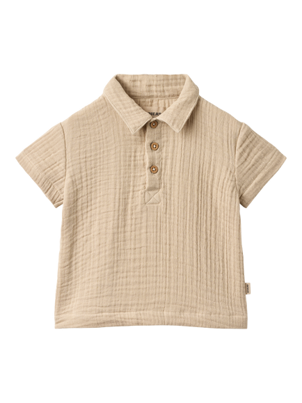WHEAT Baby Textured Half Button Shirt, Warm Sand, Warm Sand