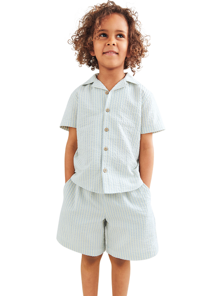 WHEAT Kids' Anker Short Sleeve Striped Shirt, Summer Sky, Blue