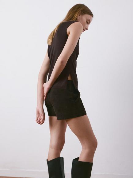 Mango Funnel Neck Sleeveless Knit Top, Chocolate - view 2, Chocolate