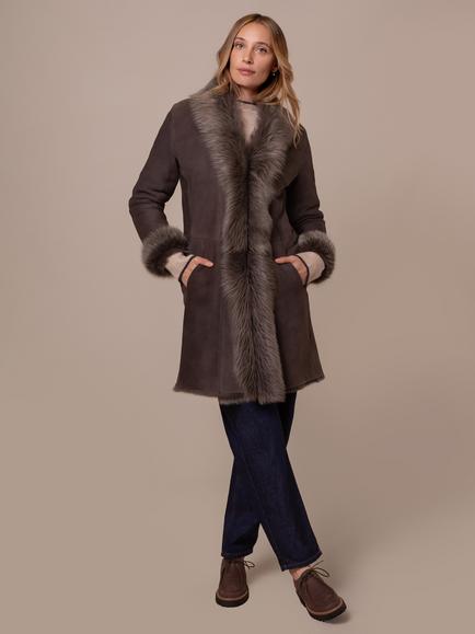 Celtic & Co. Toscana Trim 3/4 Length Sheepskin Coat, Dark Nutmeg - view 2, Dark Nutmeg