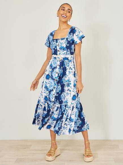 Yumi Floral Belted Shirt Midi Dress, Blue/White, Blue/White