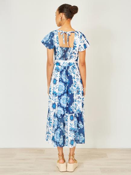 Yumi Floral Belted Shirt Midi Dress, Blue/White - view 2, Blue/White