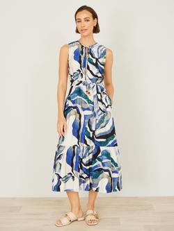 Yumi Tie Neck Swirl Print Midi Dress, Blue/Multi