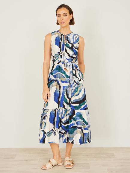 Yumi Tie Neck Swirl Print Midi Dress, Blue/Multi