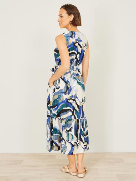 Yumi Tie Neck Swirl Print Midi Dress - view 2, Blue/Multi