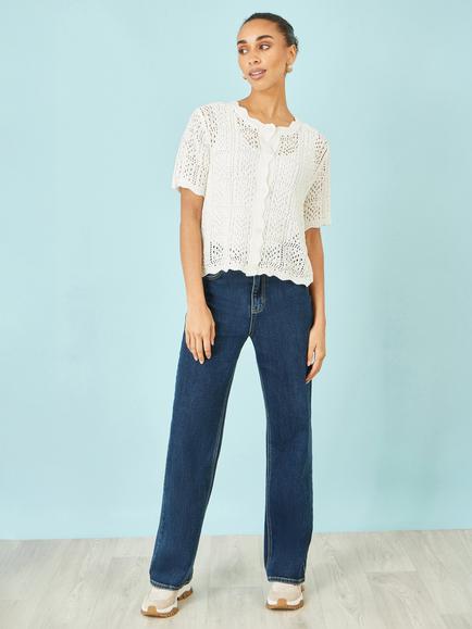 Yumi Crochet Short Sleeve Cardigan, White - view 2, White