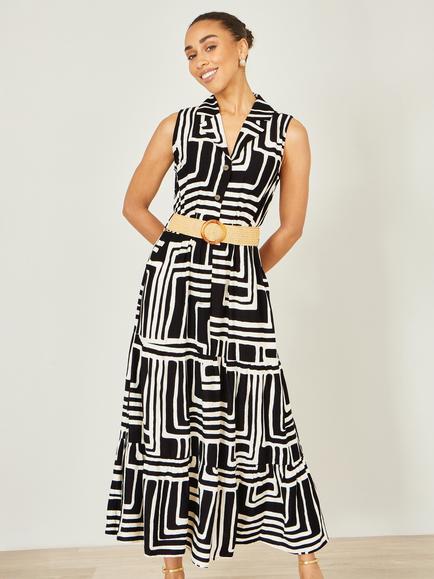 Yumi Geometric Tiered Midi Dress, Black