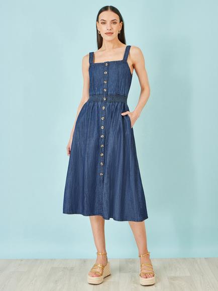 Yumi Square Neck Denim Midi Dress, Blue - view 2, Blue