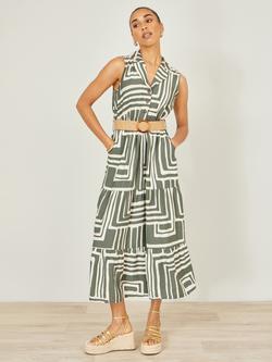 Yumi Geometric Tiered Midi Dress, Green/Ivory, Green/Ivory