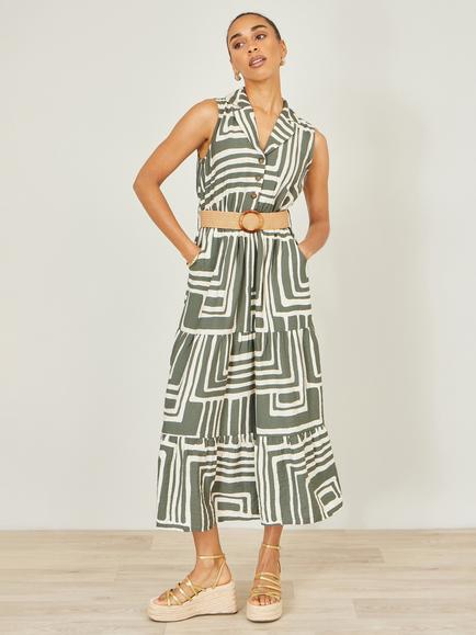 Yumi Geometric Tiered Midi Dress, Green/Ivory