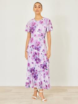 Yumi Floral Asymmetric Tiered Maxi Dress, Lavender, Lavender