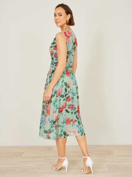 Yumi Floral Mesh Midi Dress, Mint/Multi - view 2, Mint/Multi