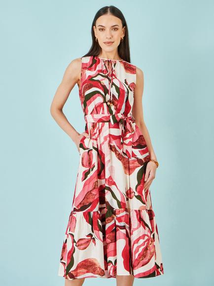 Yumi Tie Neck Swirl Print Midi Dress, Pink/Multi
