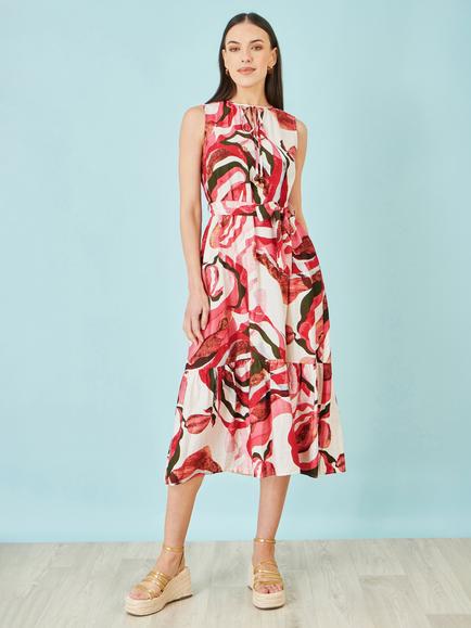Yumi Tie Neck Swirl Print Midi Dress - view 2, Pink/Multi