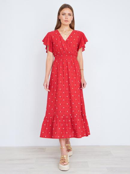 Yumi Wrap Neck Embroidered Floral Midi Dress, Red, Red
