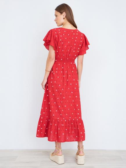 Yumi Wrap Neck Embroidered Floral Midi Dress, Red - view 2, Red