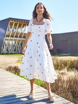 Yumi Embroidered Sunflowers Midi Dress, White, White