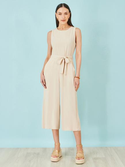 Yumi Tie Waist Culotte Jumpsuit, Natural Beige - view 2, Natural Beige