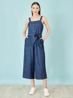 Yumi Square Neck Button Detail Denim Jumpsuit, Blue, Blue