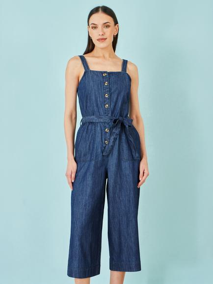 Yumi Square Neck Button Detail Denim Jumpsuit, Blue, Blue