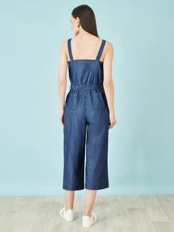 Yumi Square Neck Button Detail Denim Jumpsuit, Blue - view 2, Blue