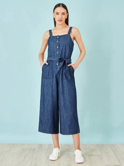 Yumi Square Neck Button Detail Denim Jumpsuit, Blue - view 2, Blue