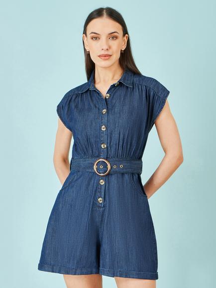 Yumi Belted Denim Playsuit, Blue, Blue