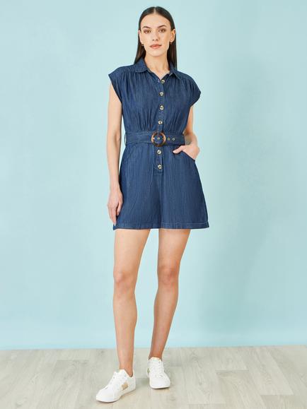 Yumi Belted Denim Playsuit, Blue - view 2, Blue