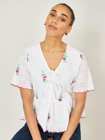 Yumi Broderie Anglaise Tie Front Top, White/Multi, White/Multi