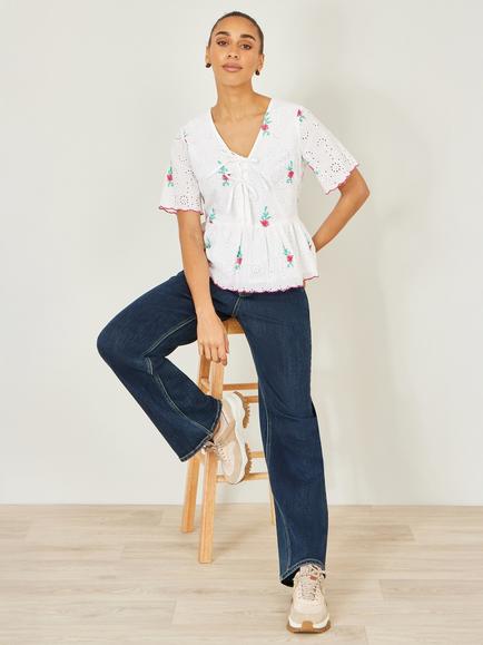 Yumi Broderie Anglaise Tie Front Top, White/Multi - view 2, White/Multi