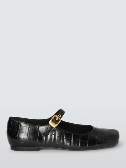 John Lewis Harbour Leather Asymmetric Mary Jane Ballerina Pumps, Black, Black