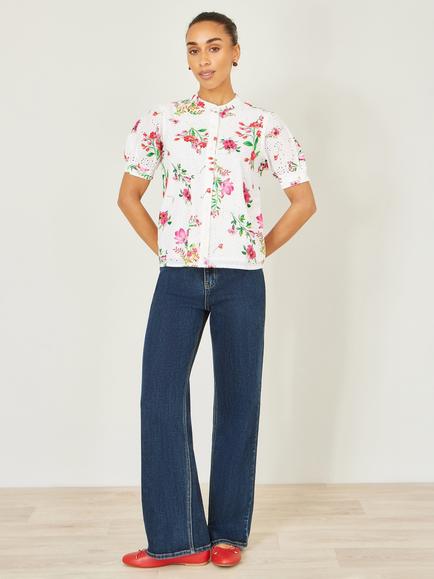 Yumi Floral Broderie Anglaise Shirt, White - view 2, White