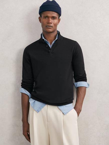 Reiss Farnham Medium Weight Wool Button Neck Jumper, Navy, Navy